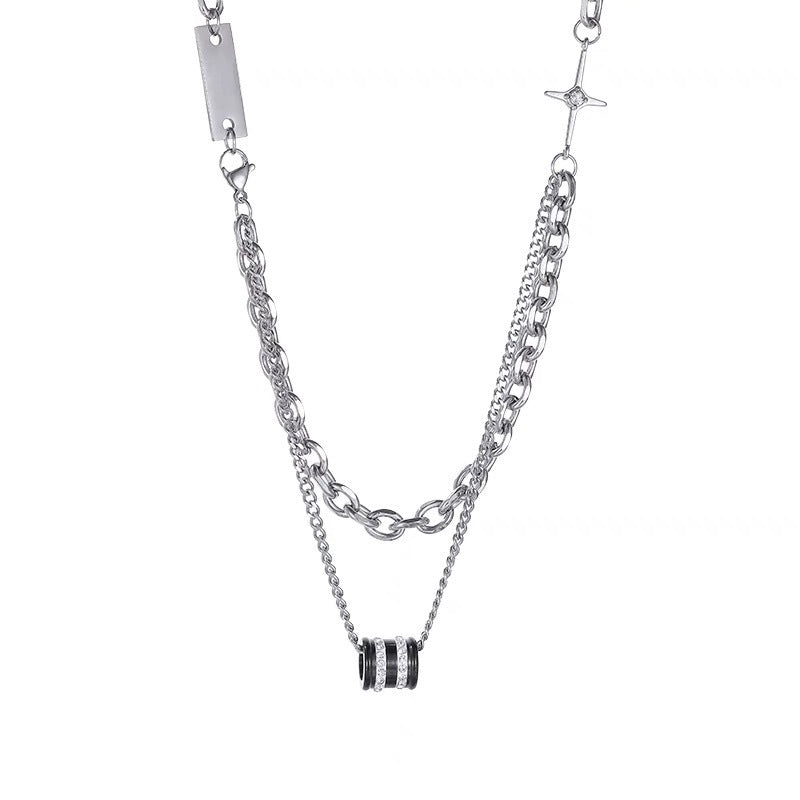 Wholesale Double Layer Titanium Steel Cuban Chain Necklace with Diamond Bead,  Trendy Hip Hop Jewelry Accessory for Men