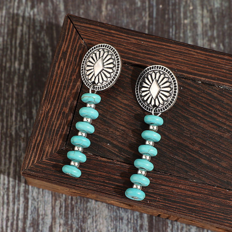 Wholesale Western Bohemian-Style Vintage Carved Round Medallion,  Turquoise-Beaded Alloy Earrings