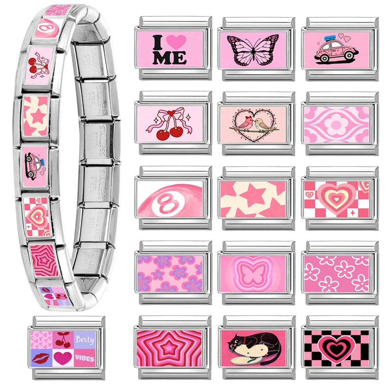 Wholesale Hearts and Love Italian Charms pink series  DIY  Single Section Creative Stainless Steel Composable Bracelet