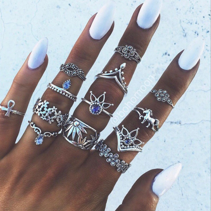 Wholesale Vintage Bohemian Holiday Style Metal Crystal Rings Set