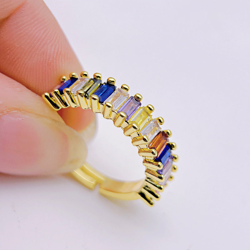 Wholesale Colorful Ring Opening Adjustable Rectangular Colorful Zirconium Copper Inlaid Rings ACC-RS-YXY046