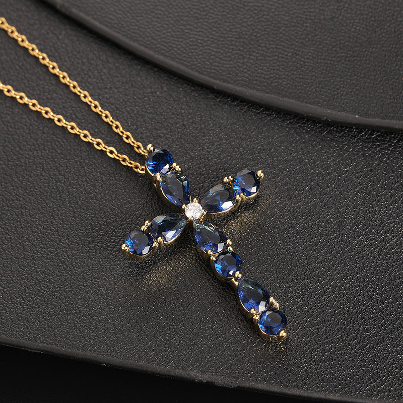 Wholesale Copper Electroplated Cross Pendant Necklace Colorful Zircon Geometric Religious Faith Fashion Accessory