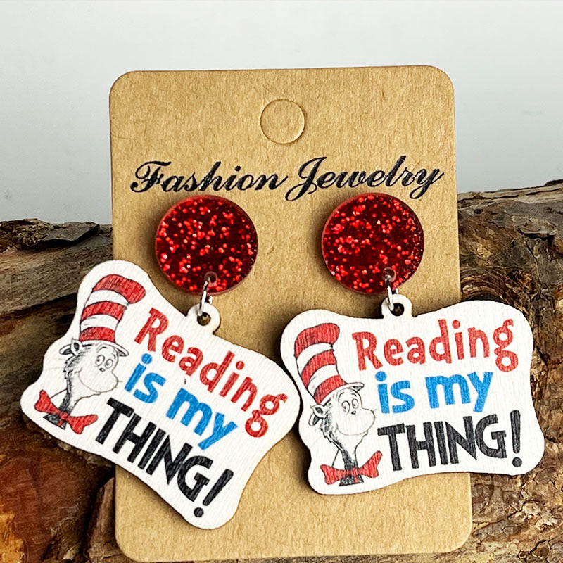 Wholesale Wooden Printed Glitter Cat Reading Earrings For Teacher Book Lover Fashion Jewelry Accessory