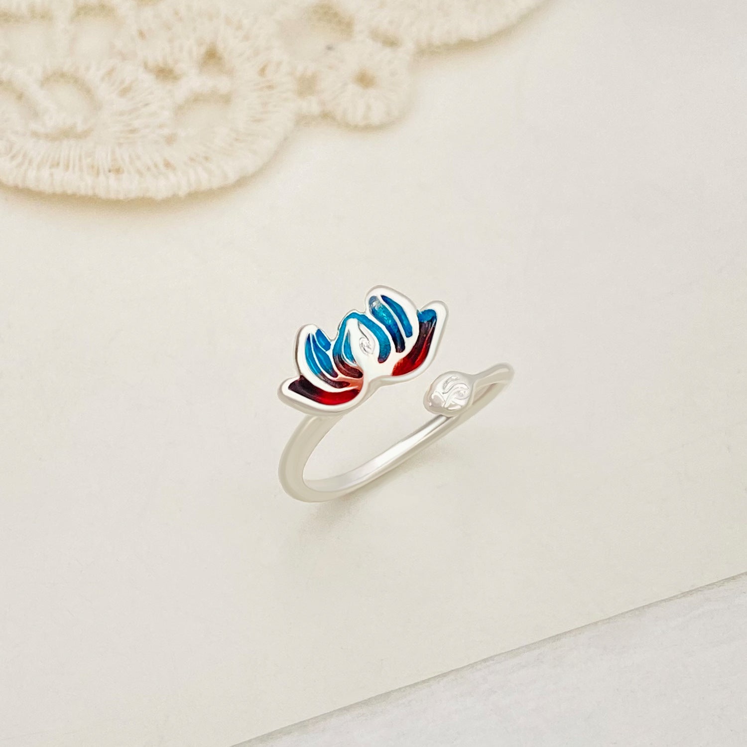 Wholesale Enamel Burned Blue Lotus Ring