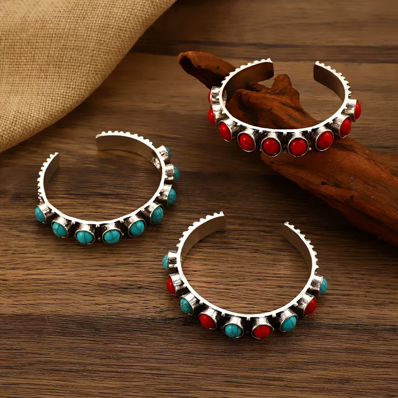 Wholesale Vintage Bohemian Bangle with Open Design and Turquoise Inlay