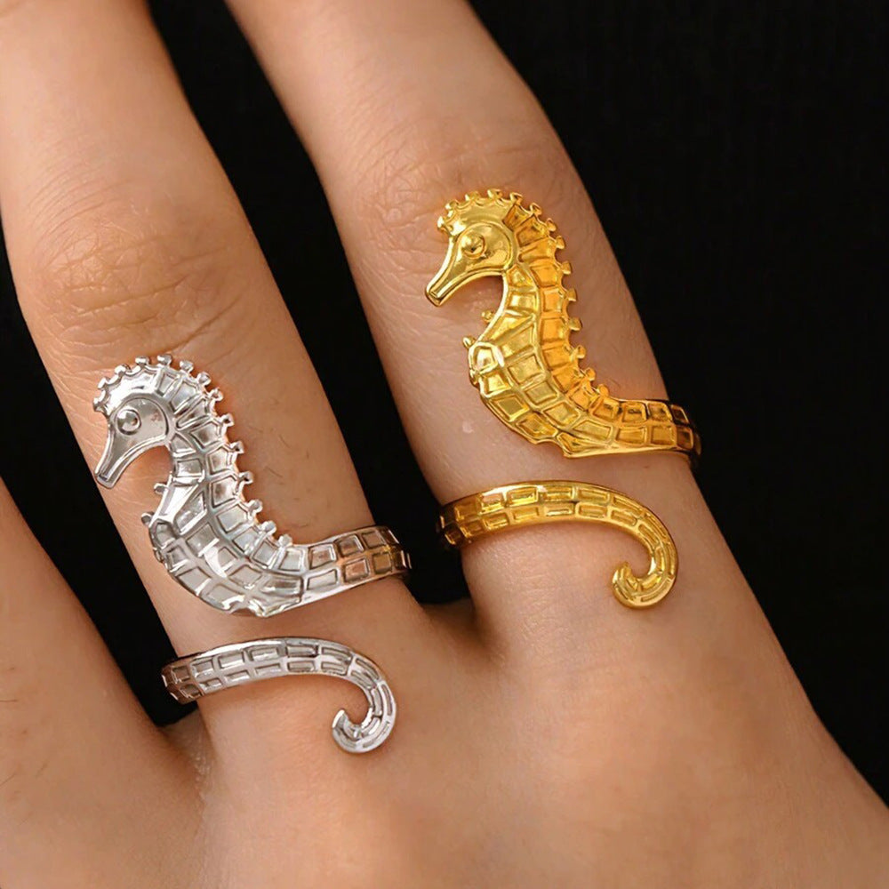 Wholesale Stainless Steel Seahorse Ring Ocean Resort Style Trendy Jewelry Accessory