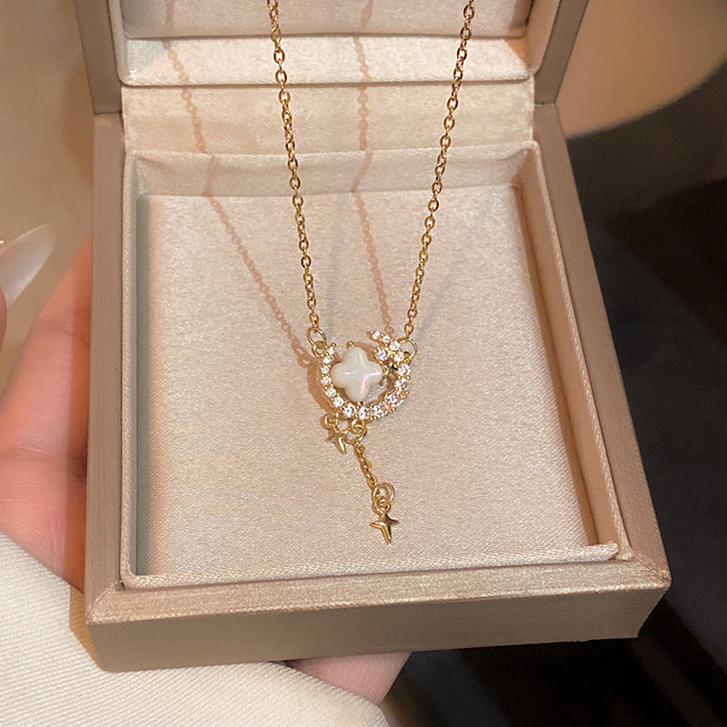 Wholesale Titanium Steel Collarbone Necklace with Zircon and Pearl Pendant