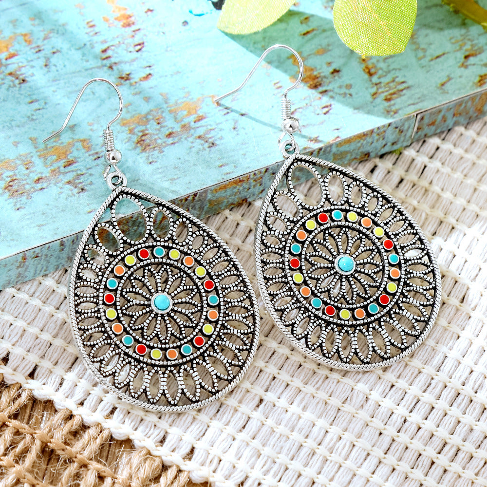 Wholesale Alloy Retro Ethnic Turquoise Bohemian Geometric Oil Drip Earrings Jewelry Accessory