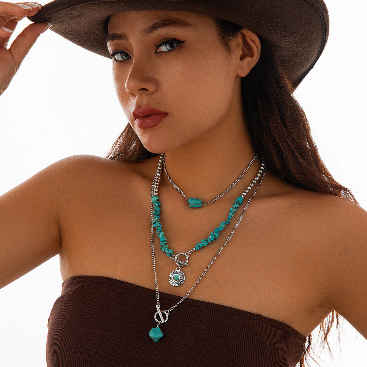 Wholesale Retro Bohemian Multi-Layer Necklace with Turquoise Color,  Iron Electroplating,  Fashion Accessory for Women