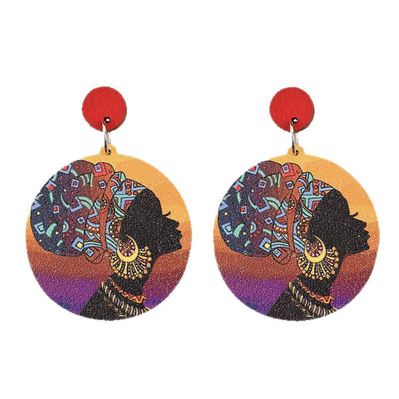 Wholesale Bohemian Retro African Portrait Wooden Earrings