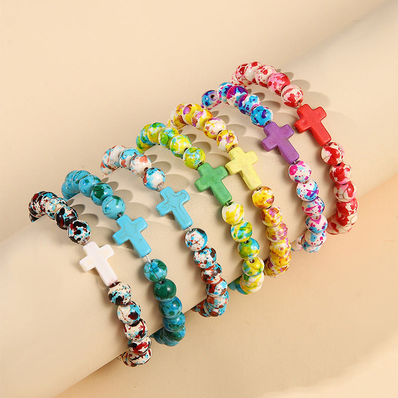 Wholesale bohemian style colorful soft pottery cross bracelet suit