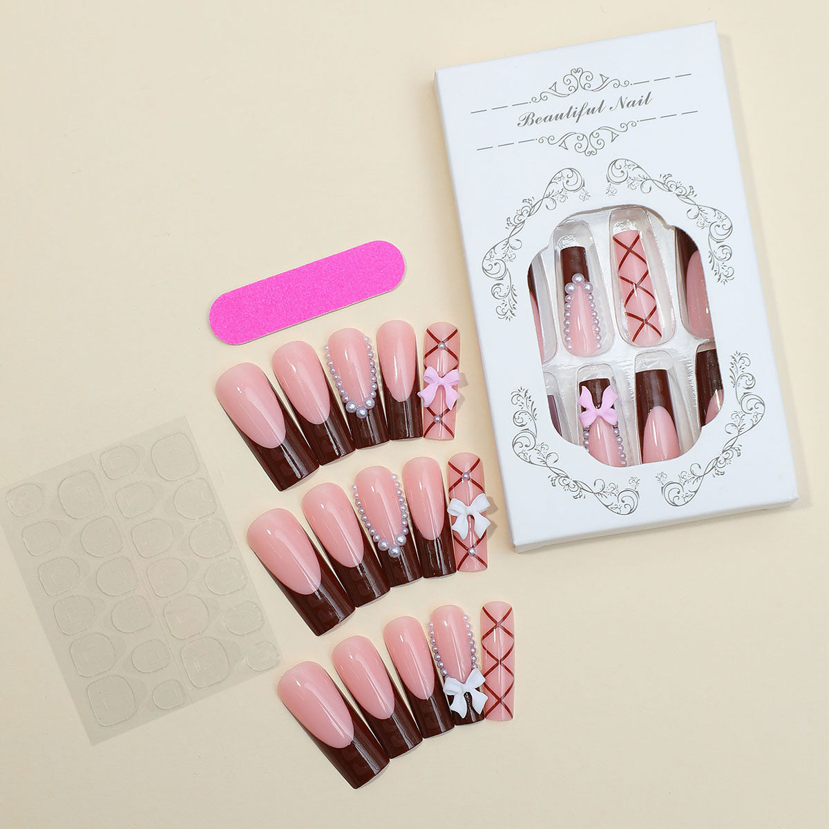 Wholesale 24 Pieces/box Glitter Nail Stickers Long Bow Pearl Wearable Nail Press-on Nails Kits ACC-NS-HaoYi022