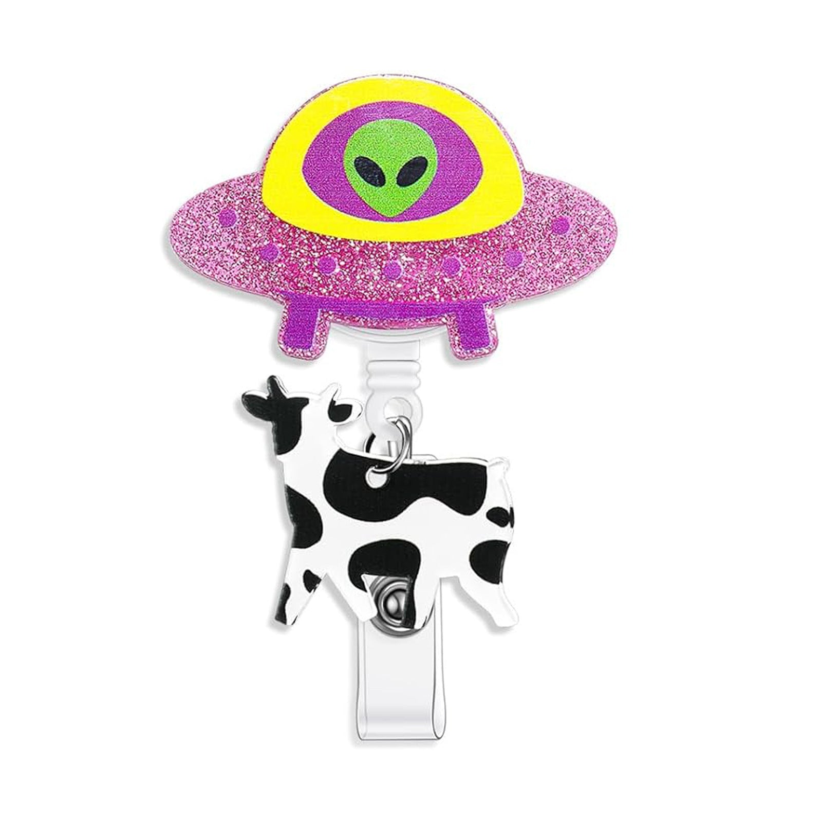 Wholesale Acrylic Glitter Alien Cow Retractable Rotating Badge Keychain ACC-KC-QiDing010