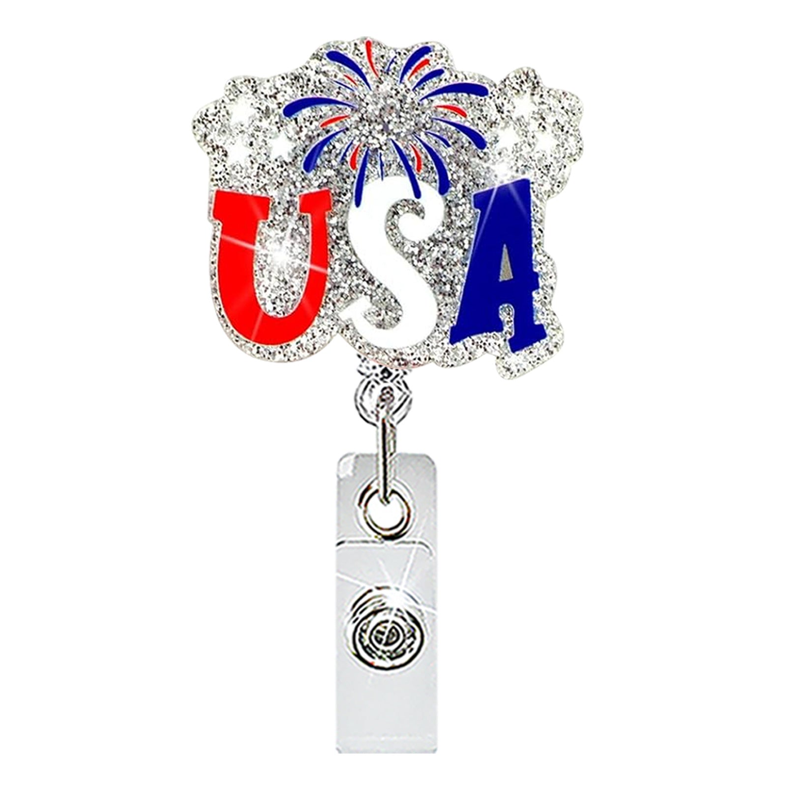 Wholesale Chic Patriotic Fireworks Acrylic Retractable Badge Holder Rotating ID Clip for Office and Gift