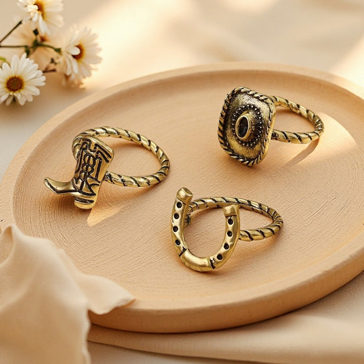 Wholesale Retro Western Cowboy Ring Set For Women Antique Silver Alloy Chic Everyday Jewelry