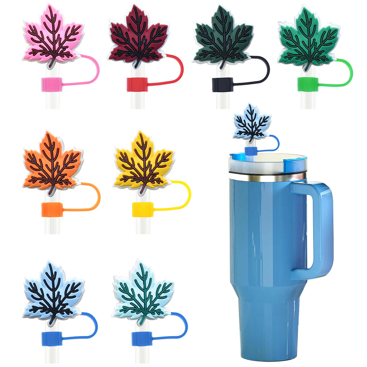 Wholesale Random 100pcs Colorful Maple Leaf Straw Tube Cap 10mm Soft Glue Straw Decoration Straw Cover ACC-SCR-RYY046