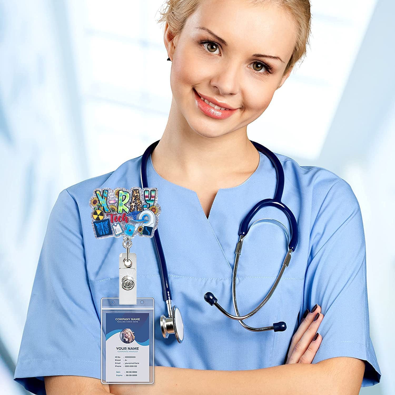 Wholesale Chic Glitter Acrylic Retractable Rotating Badge Holder for Medical Student ID Clip