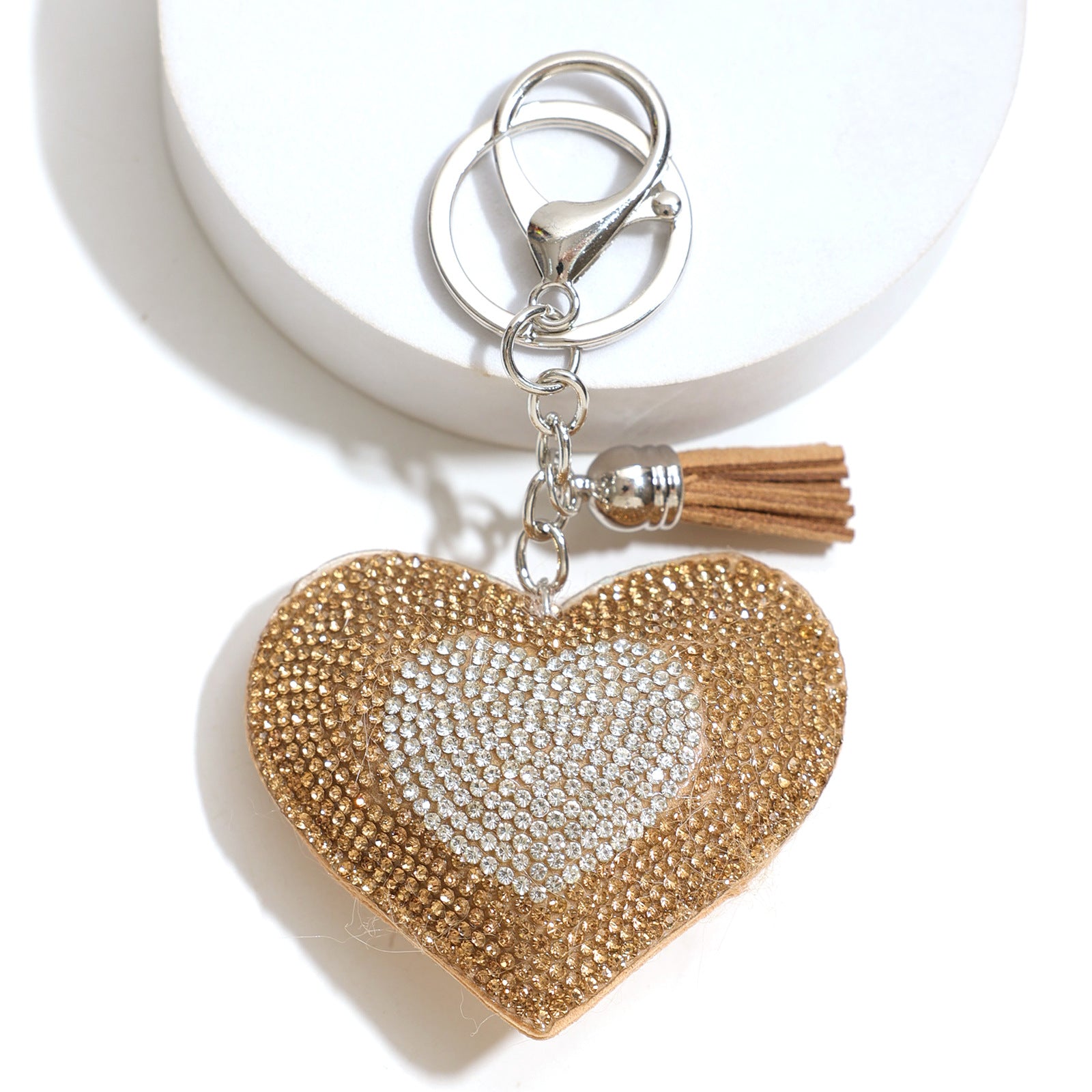 Wholesale Creative Hot-Drilled Heart-Shaped Keychain with Fur Ball Tassel Pendant,  Fashionable Heart-Shaped Rhinestone Ornament,  Valentine' s Day Small Gift
