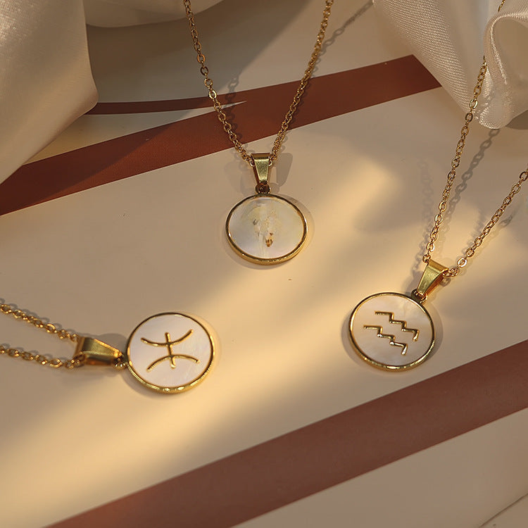 Wholesale twelve constellations white seashell stainless steel 18K gold-plated  pendant necklace