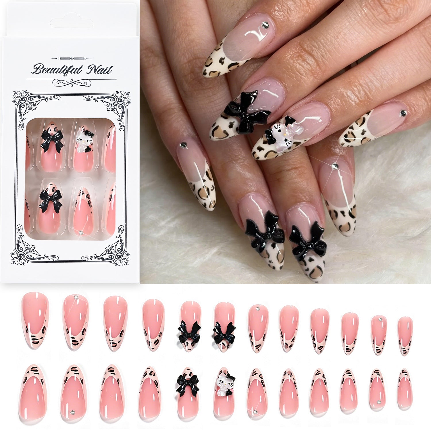 Wholesale Trendy Leopard Print Bow Almond Press On Nails 24Pcs Removable Nails For Everyday Wear Boutique Resale