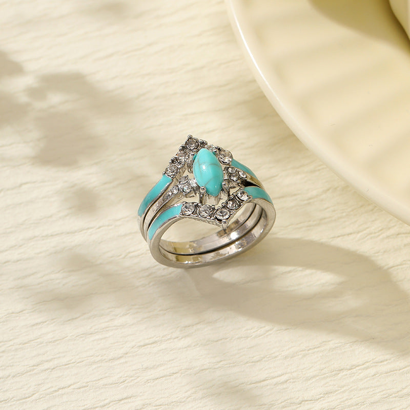 Wholesale Chic Retro 3-Piece Ring Set - Silver Tone Zinc Alloy with Rhinestone and Turquoise Accents,  Fashion Jewelry Accessory for Women