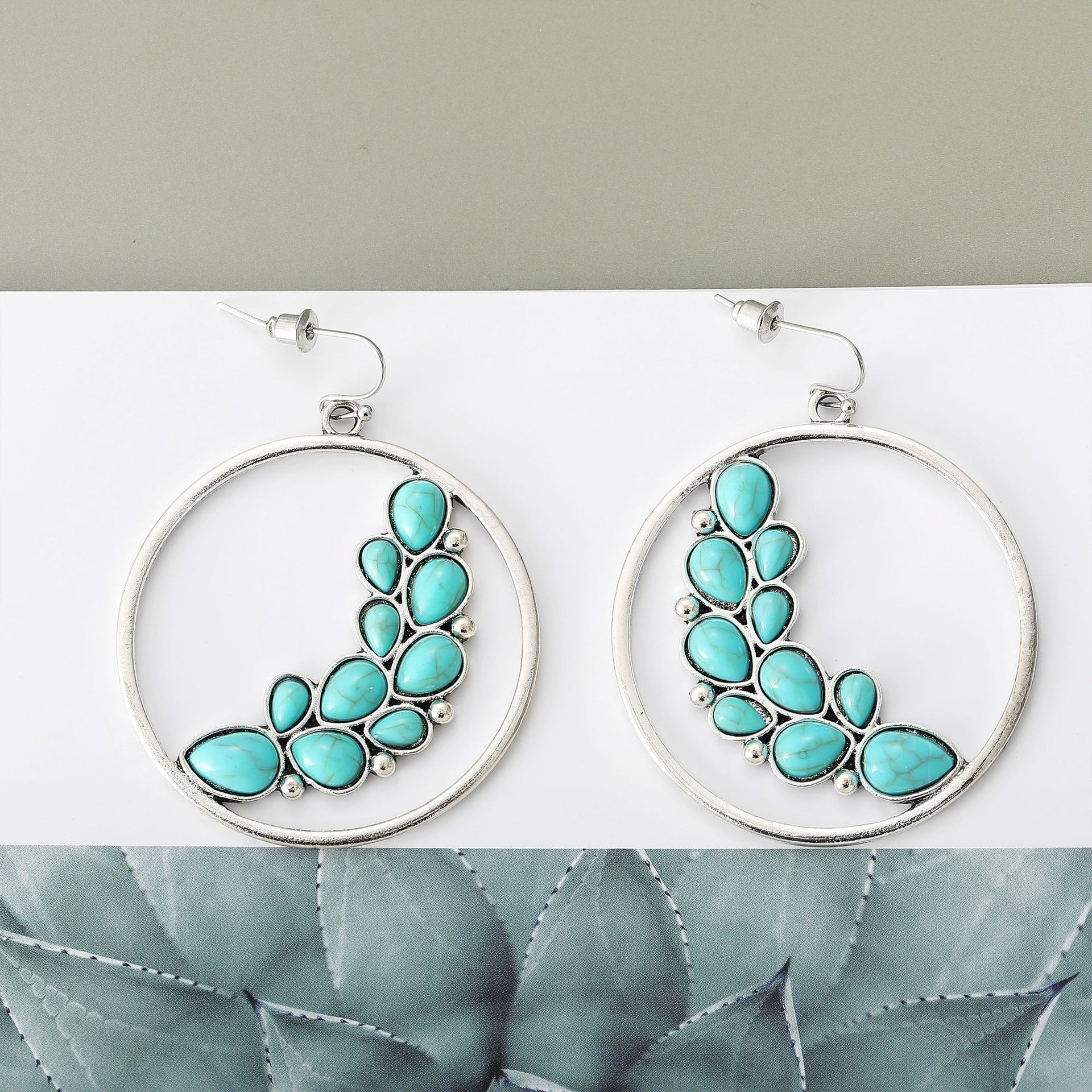 Wholesale personality exaggerated large circle leaves turquoise earrings