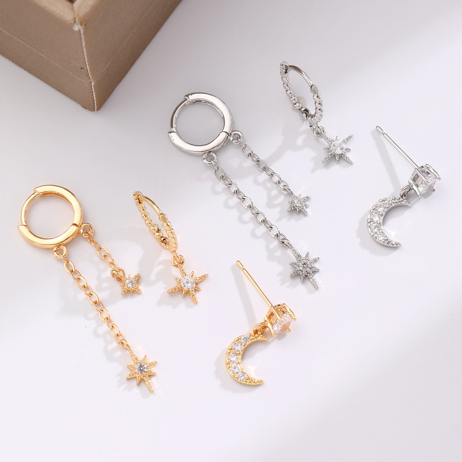Wholesale Asymmetrical Star and Moon Earrings with Zircon Studs Blingbling Earrings Gold Plated Earrings