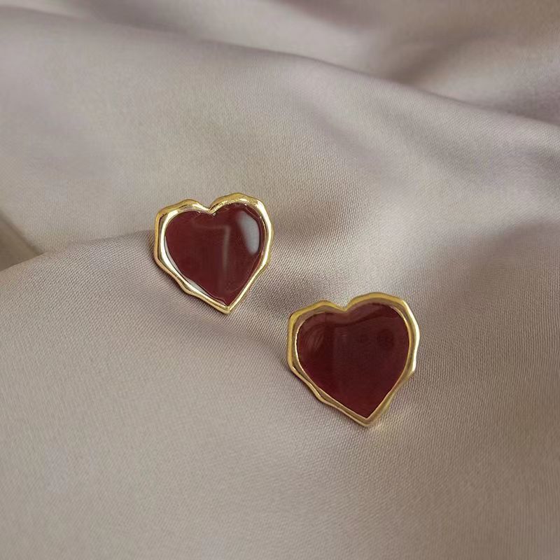 Wholesale Trendy Heart Shape Love Earrings in Burgundy Alloy - Boutique Accessory