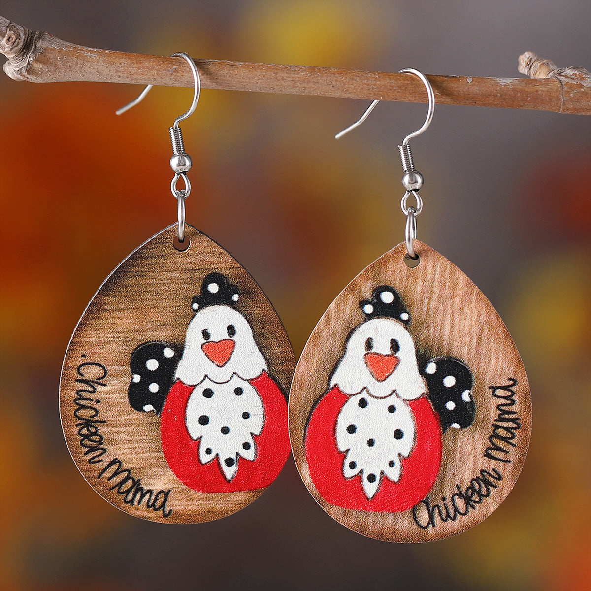 Wholesale Western Style Thanksgiving Day Farm Hen Pendant Wood Earrings ACC-ES-ChuLian028