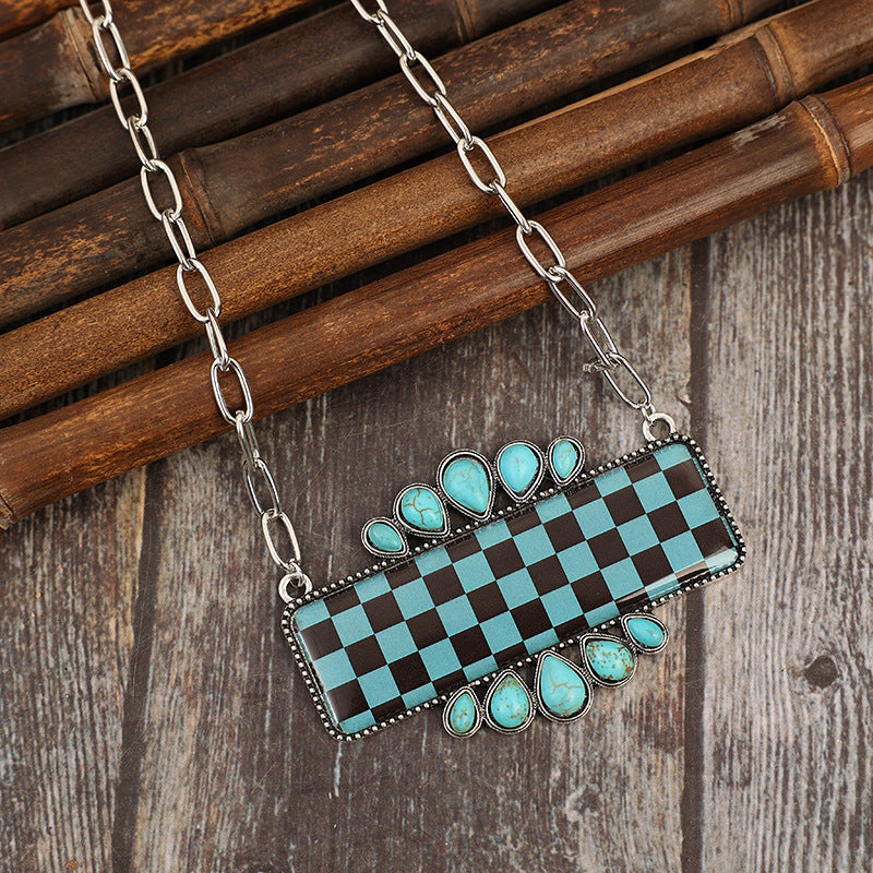 Wholesale Bohemian Western Style Geometric Inlay Synthetic Turquoise Vintage Necklace