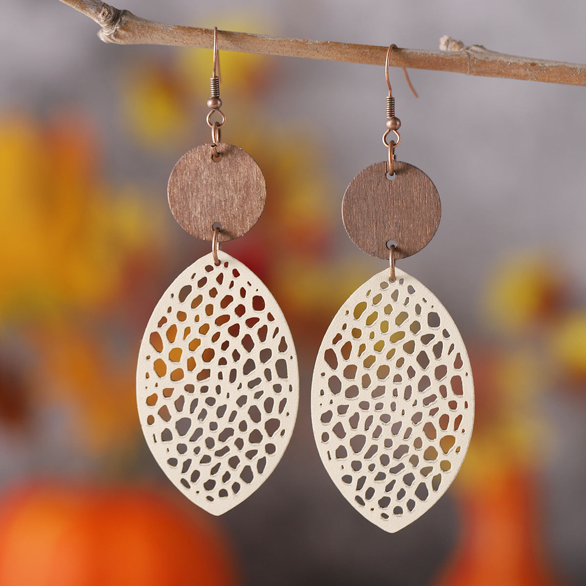 Wholesale  hollow oval wood combination leather earrings