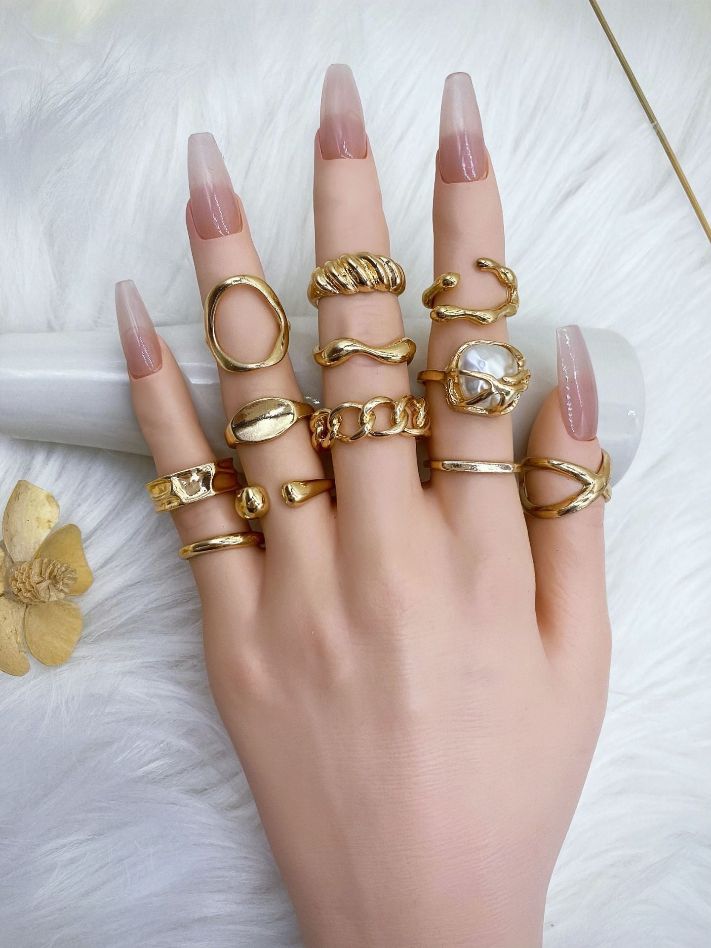 Wholesale 12 Piece Women S Geometric Pearl Accent Open Ring Set Zinc Alloy Gold Tone Stackable Jewelry Gift