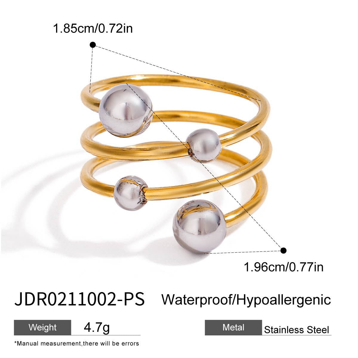 Wholesale 18k gold stainless steel gold and silver color ball three-layer opening adjustable ring