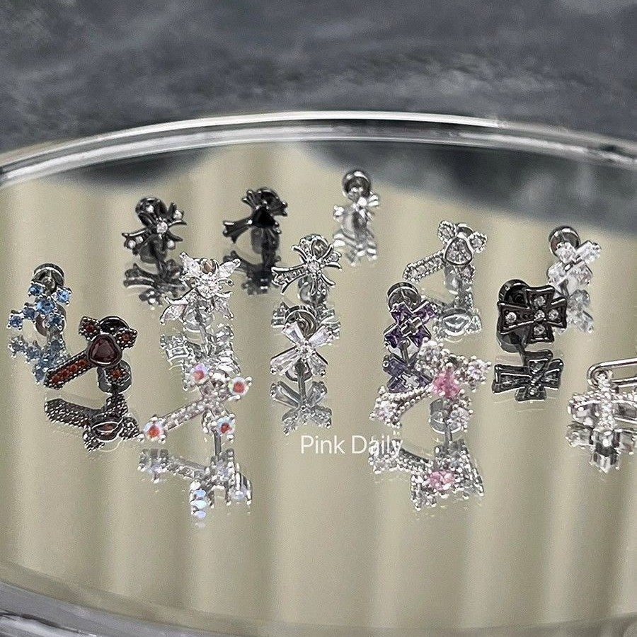 Wholesale Halloween  Super Flash Full Diamond Cross Ear Bone Nail  Titanium Steel Earrings