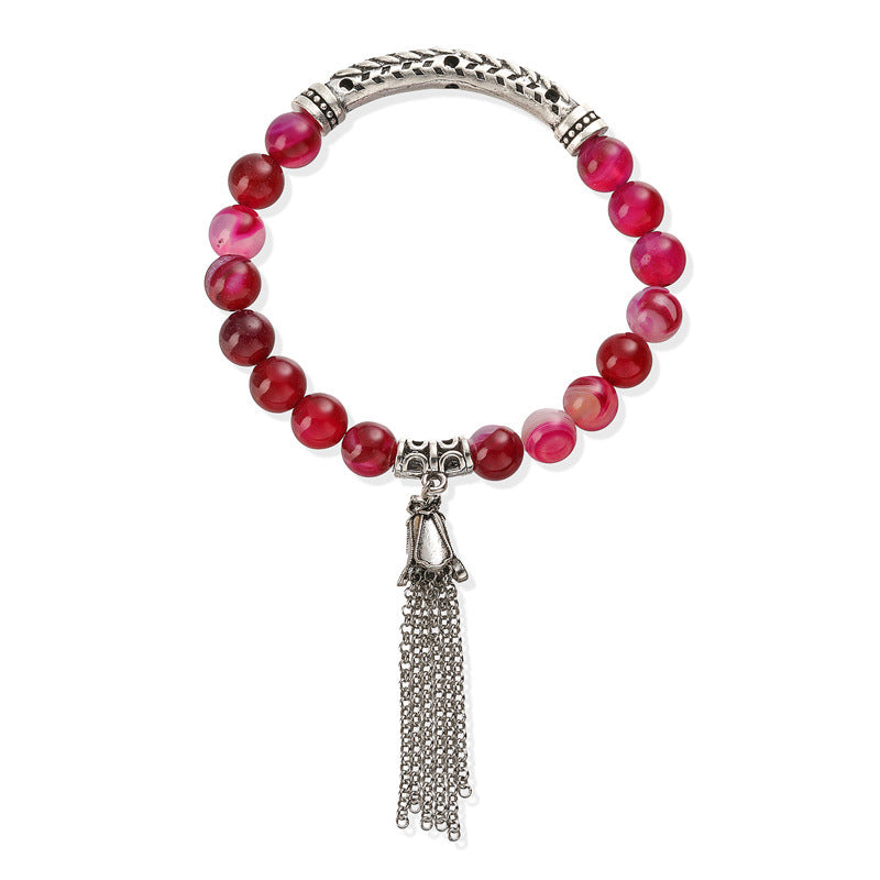 Wholesale Retro Chic Antique Silver Tone Stone Bead Bracelet With Tassel Pendant Heart Shaped 16 Beads Unisex Wedding Gift Fashion Accessory