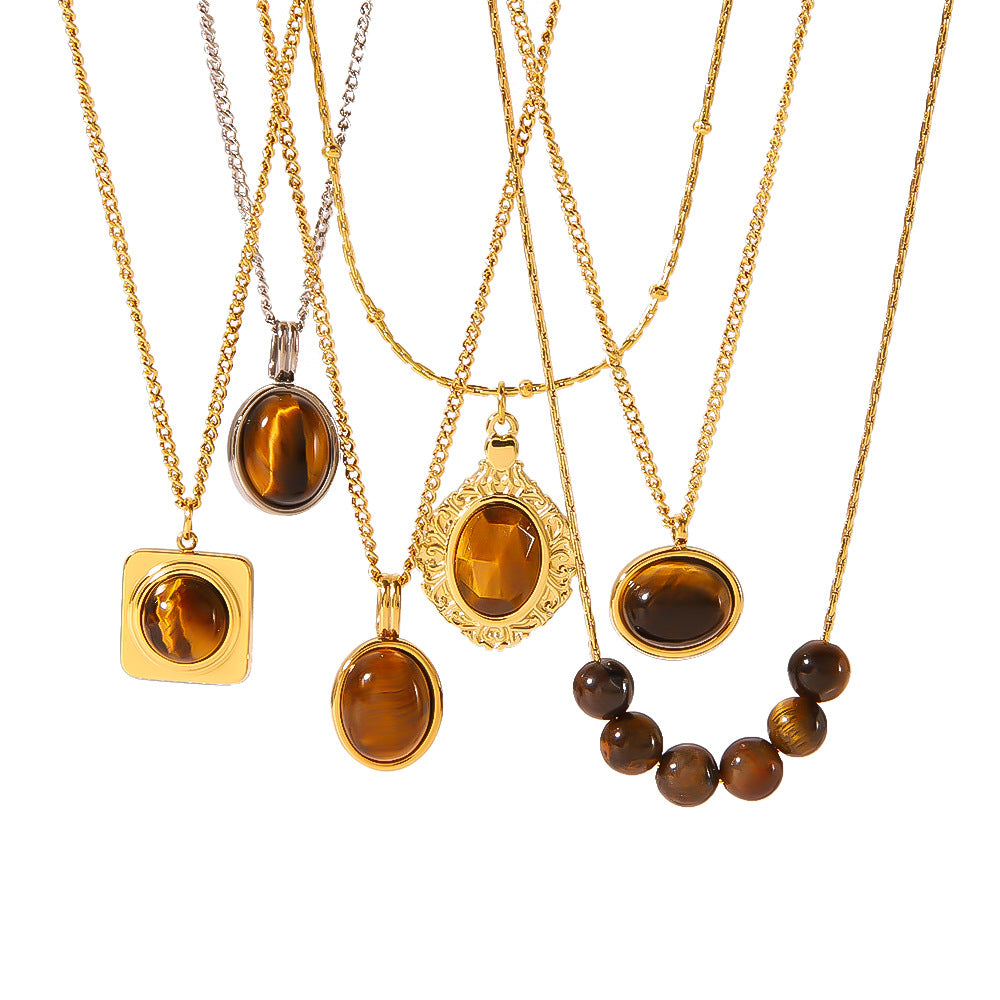 Wholesale  stainless steel 18K gold plated pendant inlaid natural Tiger Eye stone necklace