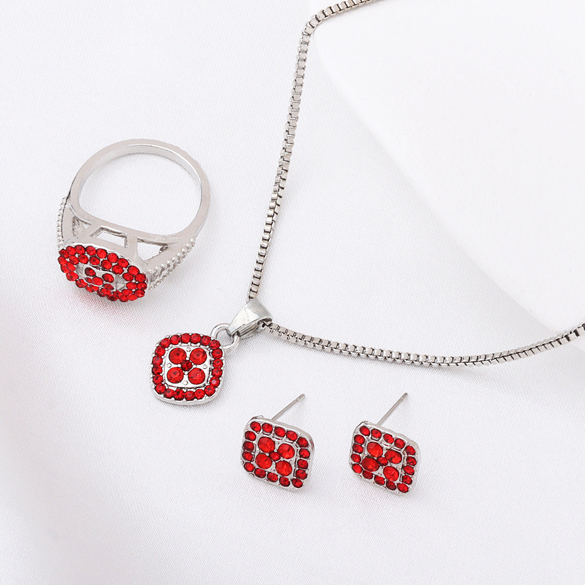 Wholesale  square zircon necklace ring  earrings  three-piece set  jewelry set