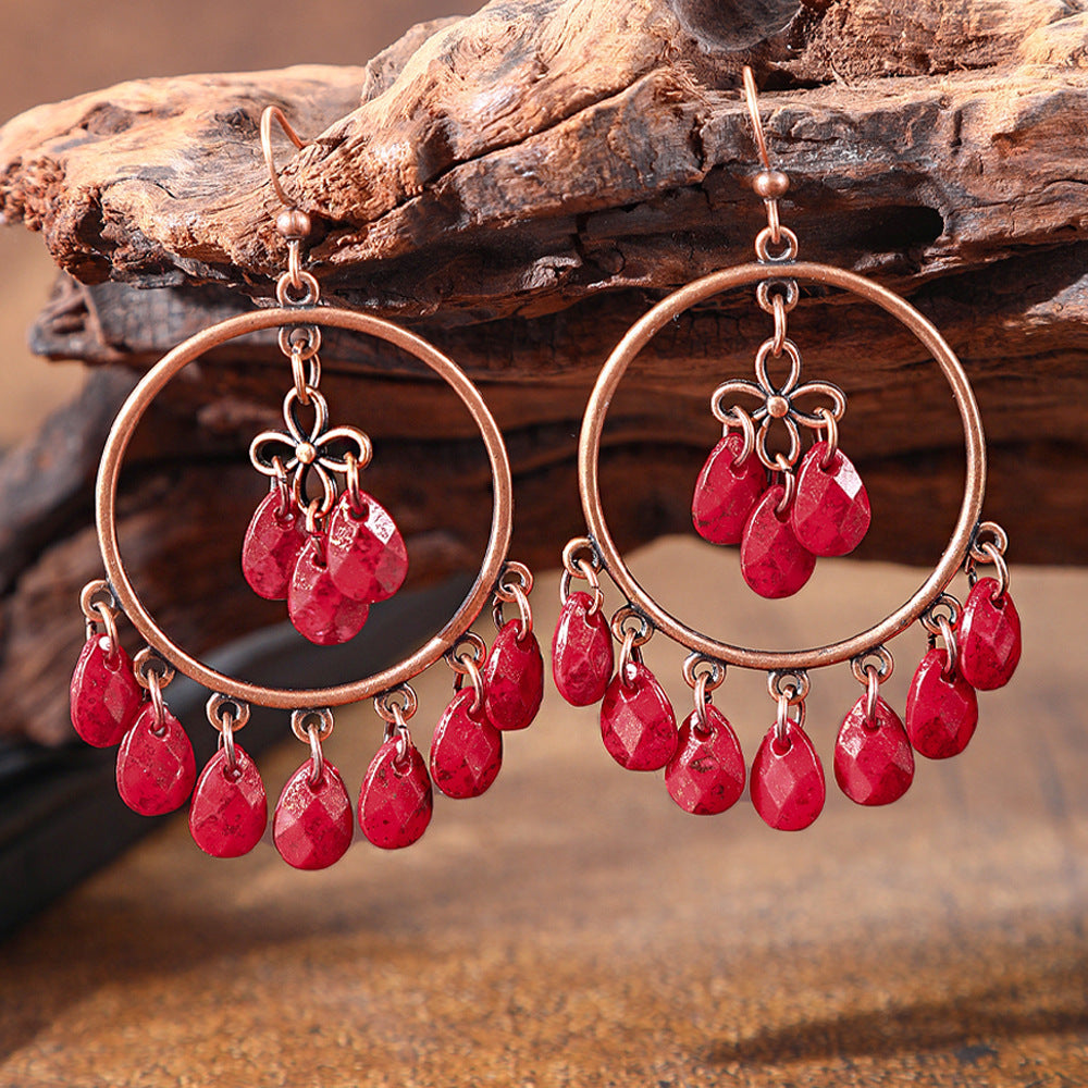 Wholesale Vintage Chinese Style Red Tassel Earrings Long Exaggerated Party Wear Jewelry Accessory