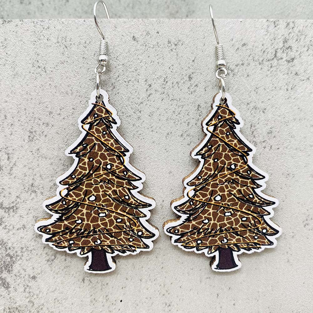 Wholesale Christmas Leopard Print Lights Christmas Tree Wood Earrings ACC-ES-ChenY086