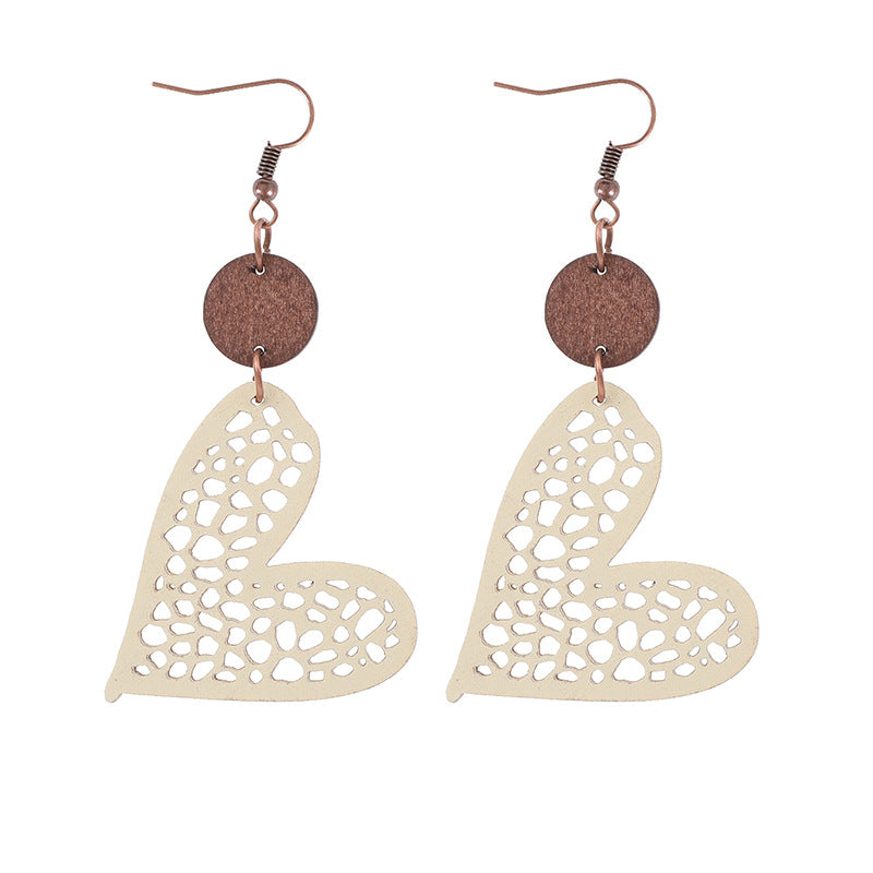 Wholesale Valentine's Day Love Wood Pieces Hollow Mesh Leather  Earrings