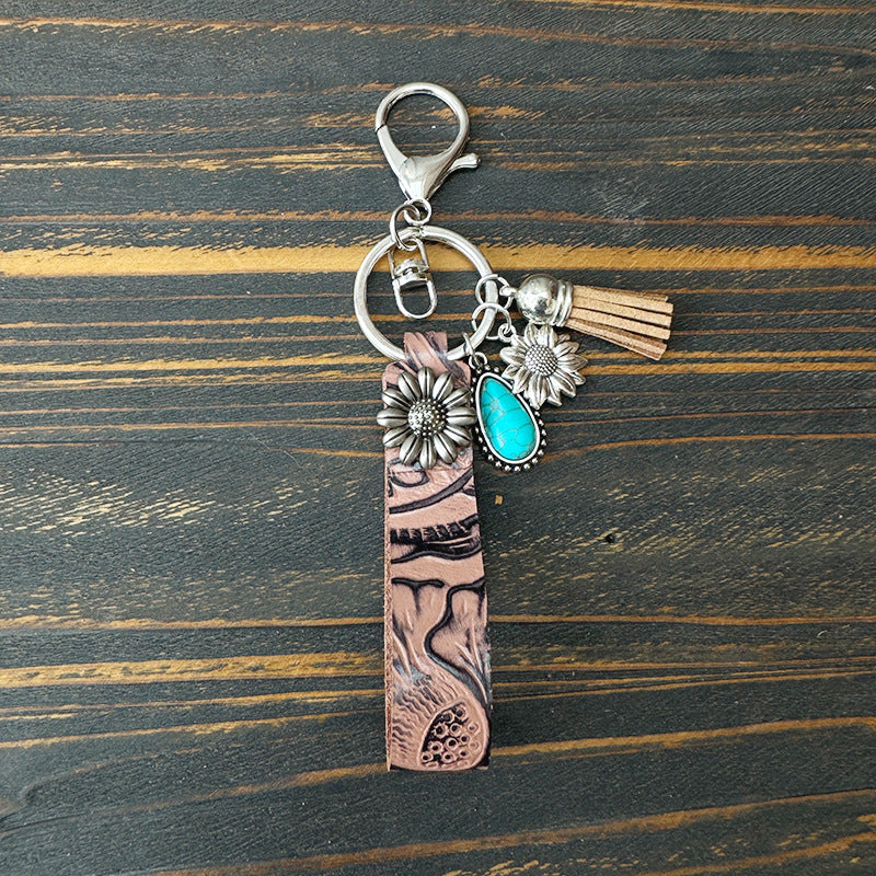 Wholesale Leather turquoise Western vintage keychain