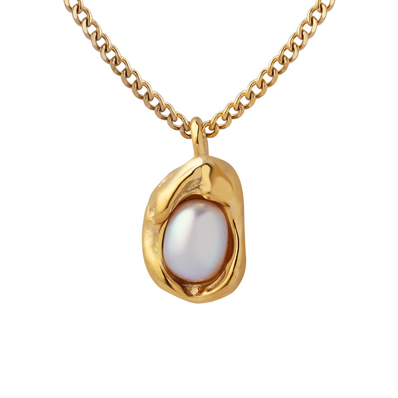 Wholesale European Fashion Cuban Chain Pearl Pendant Necklace - Titanium Steel Gold Plated,  Niche Design,  Jewelry Accessory for Boutique Resale