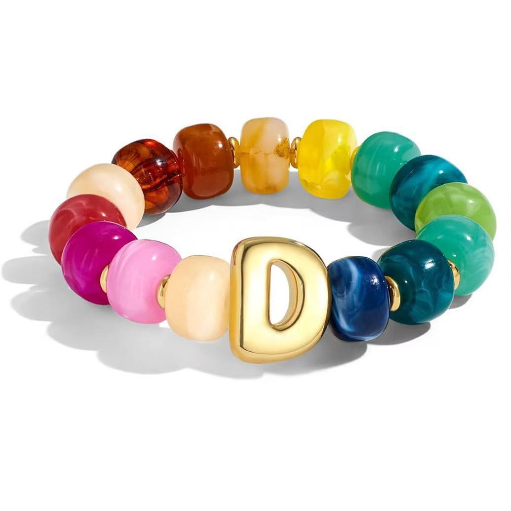 Wholesale 2026 Amazon Cross-Border Colorful Beaded 26 Letter Bracelet for Women,  Resin,  Fashionable and Unique,  High Elasticity Bracelet