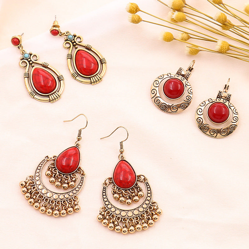 Wholesale French Retro Ethnic Style Red Rice Bead Round Earrings Alloy Dripping Oil Finish Everyday Wear Gift