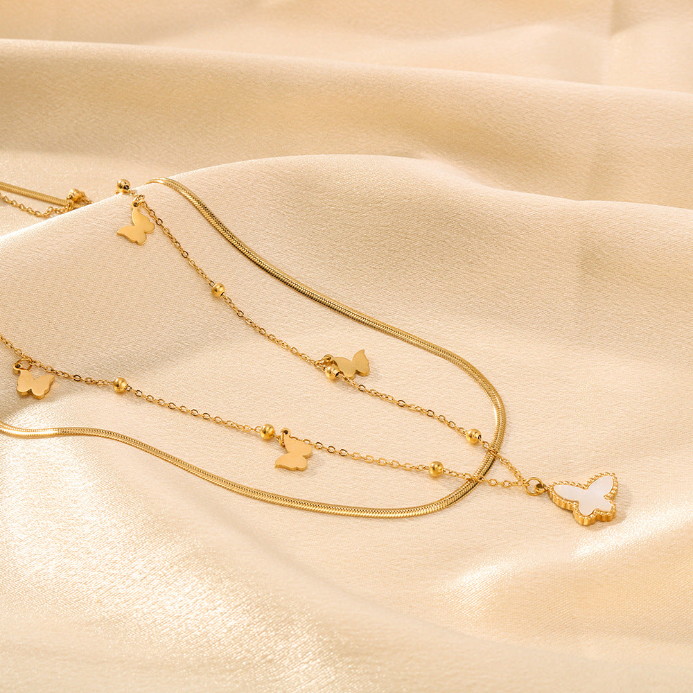 Wholesale  Stainless steel Double Layer Butterfly Necklace Ball Chain