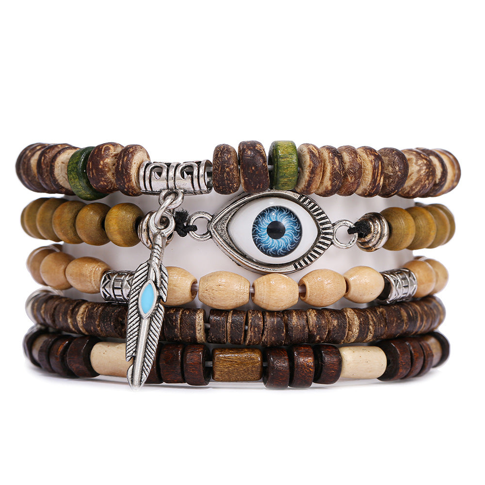Wholesale Wooden turquoise evil eye heart and bull head beaded bracelet