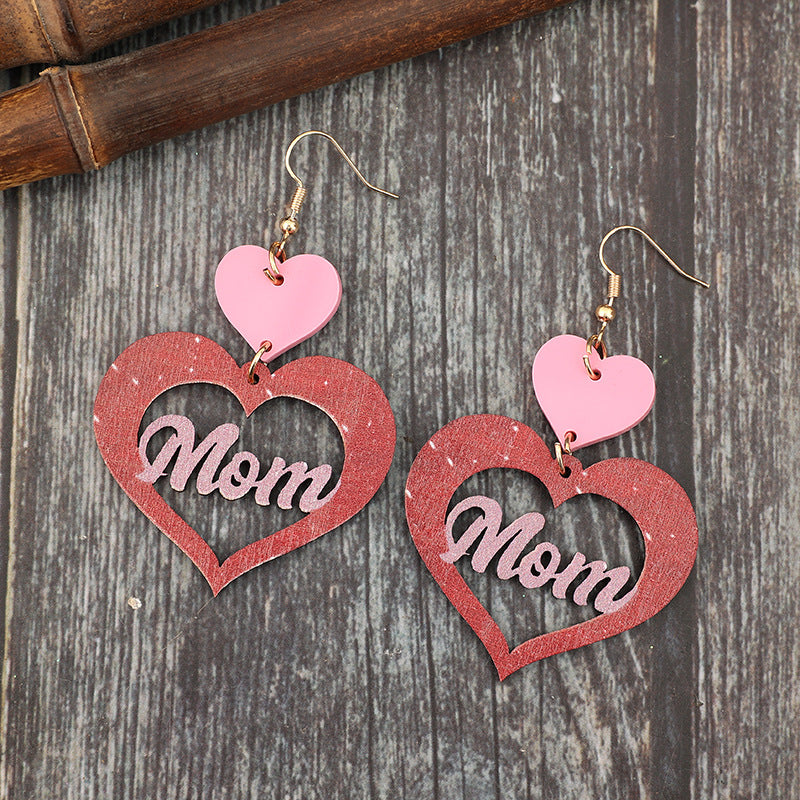 Wholesale  Mother's Day Hollow Wooden Love Letter Mosaic Love Acrylic Earrings