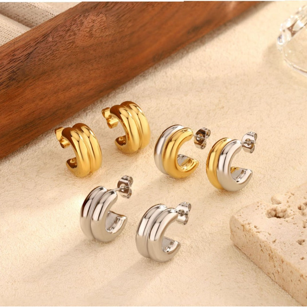 Wholesale stainless steel electroplated round gold two-tone C-shaped earrings