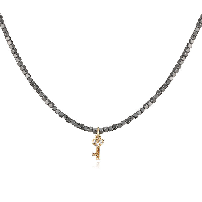 Wholesale Trendy Heart And Butterfly Pendant Necklace Black Gallstone Bead Chain With Copper Zircon Charm Gift And Boutique Resale Jewelry Accessory
