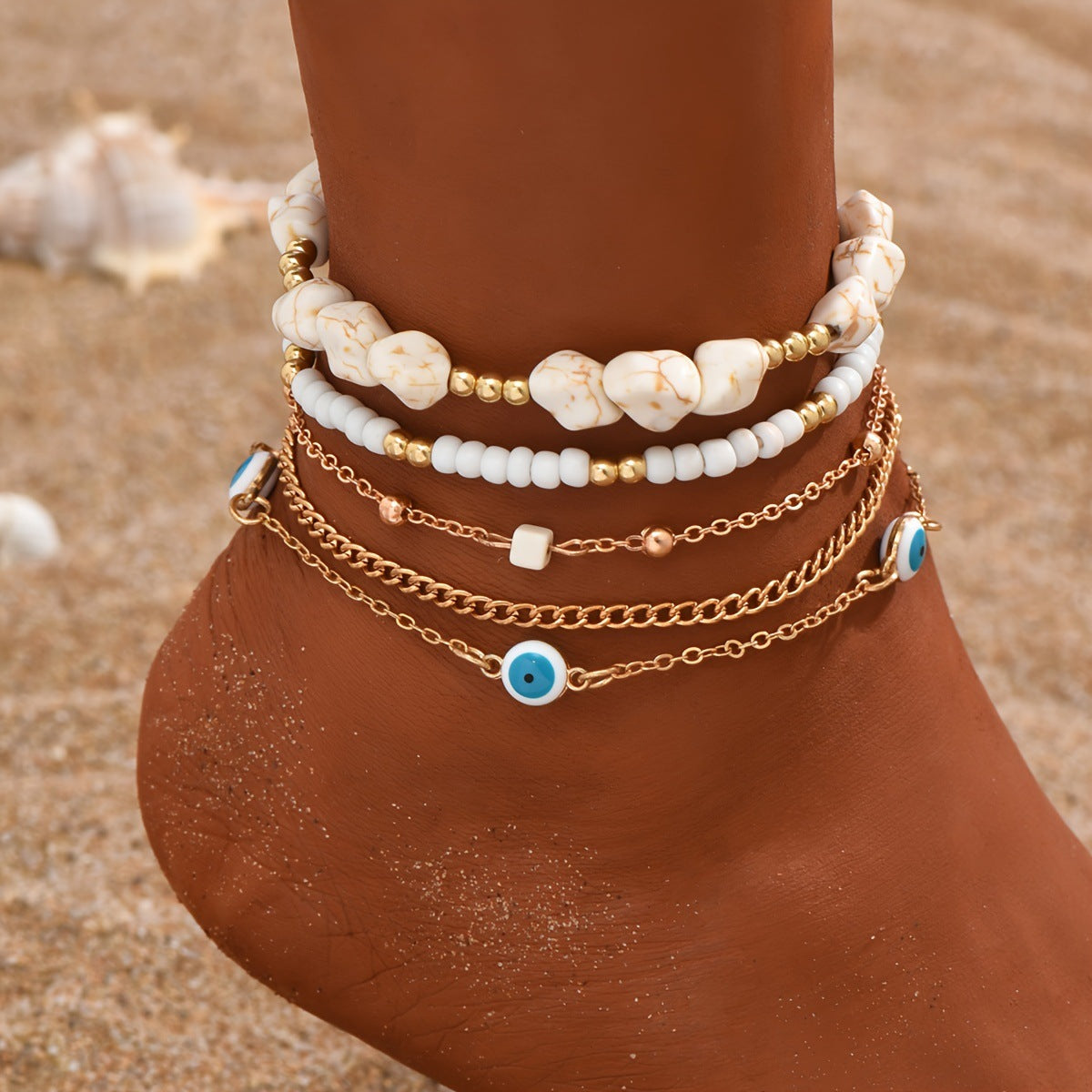 Wholesale Bohemian Style Small 5pcs/Set Bead Devil's Eye Beach Foot  Anklets